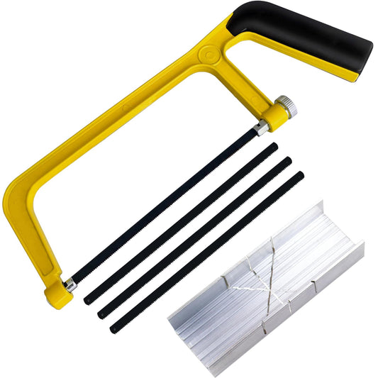 Mini Metal Mitre Box and Saw Set, 6 Inch Extra Fine Cut Hand Saw, 5.3 Inch Small Aluminum Miter Box with 3 Hacksaw Replacement Blades for Crafts, Hobby Projects, Cutting Wood, Soft Metal