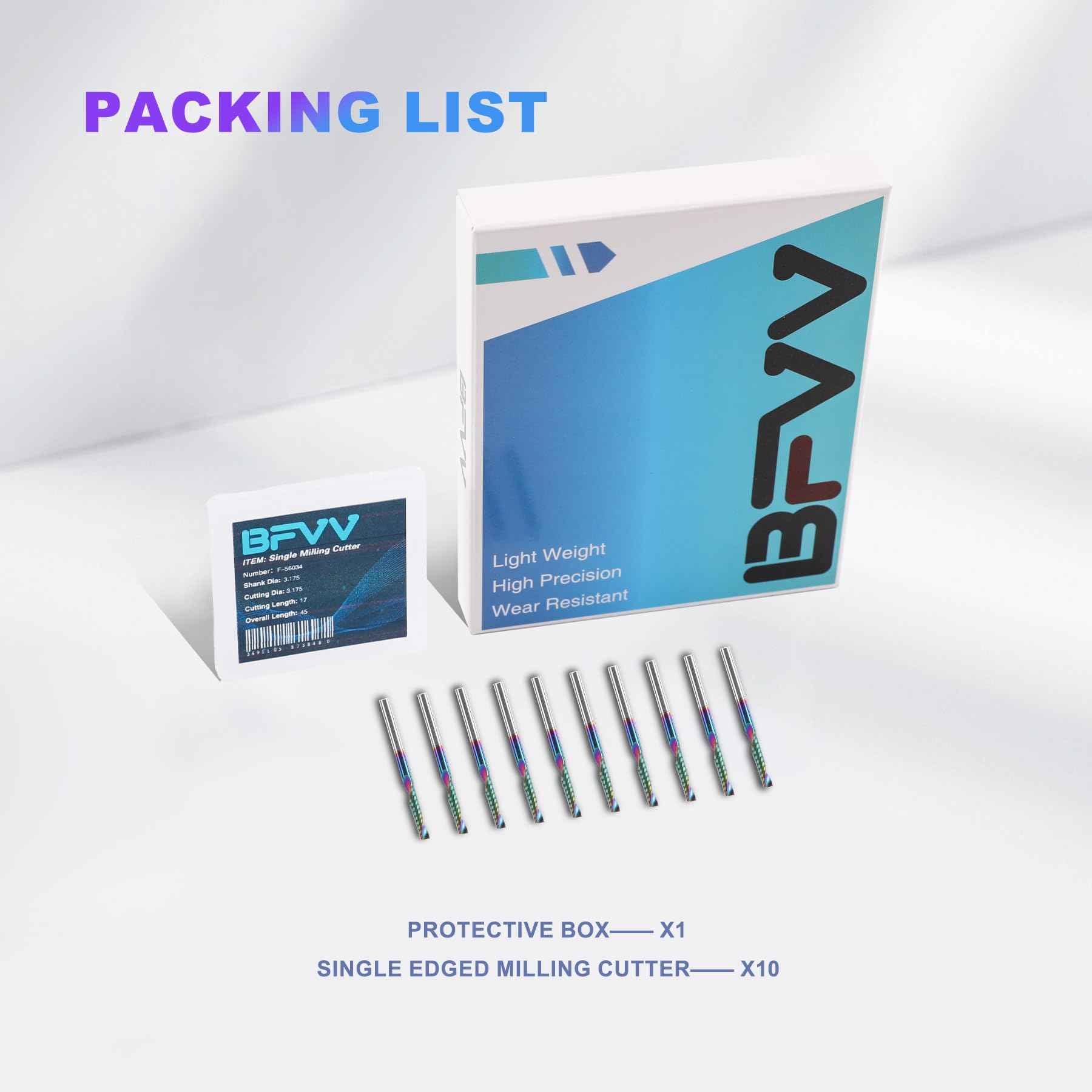 BFVV 10 pcs O Flute CNC Router Bit Set, 1/8-inch Shank Single Flute End Mill, Spiral Up-Cut Solid Carbide Milling Cutters with DLC Coating, Ideal for Aluminum, Plastic, Acrylic, Wood, MDF and PVC