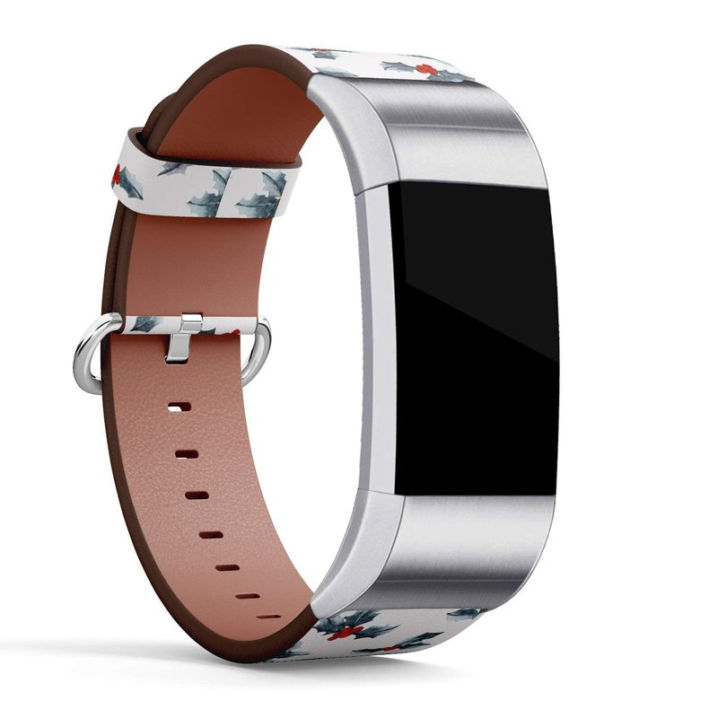 Q-Beans Leather Band Compatible with Fitbit Charge 2, Replacement Strap Bracelet Wristband and Adapters // Leaf Christmas Holly