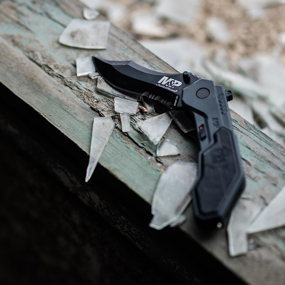 Smith & Wesson M&P SWMP1BS 7.1in S.S. Assisted Folding Knife with 2.9in Serrated Clip Point Blade and Aluminum Handle for Tactical, Survival and EDC , Black, 6 inch