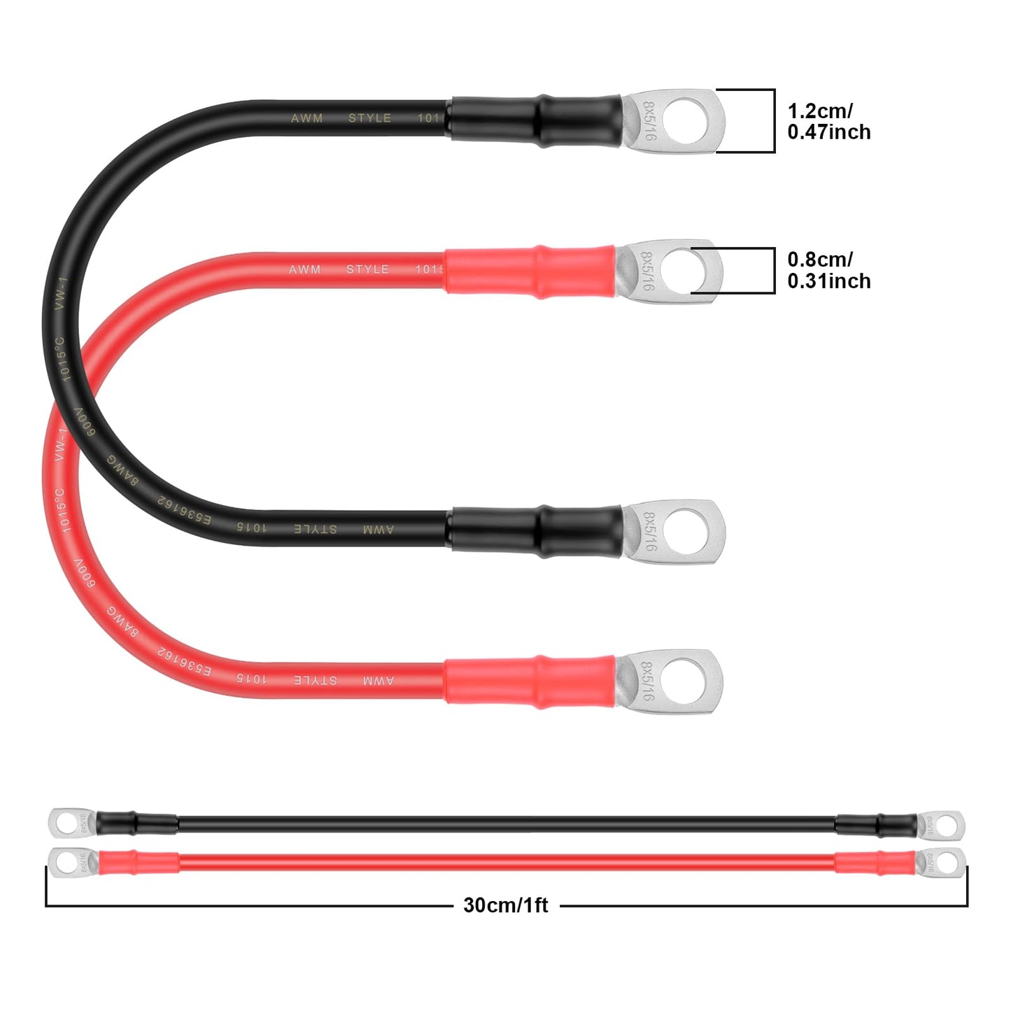 iGreely Battery Cable 8 AWG 8 Gauge Wire Made with Tinned Copper Wire Battery Power Inverter Cables with 5/16" Lugs Terminals for Solar Panel Automotive Motorcycle RV Marine 1ft/30cm