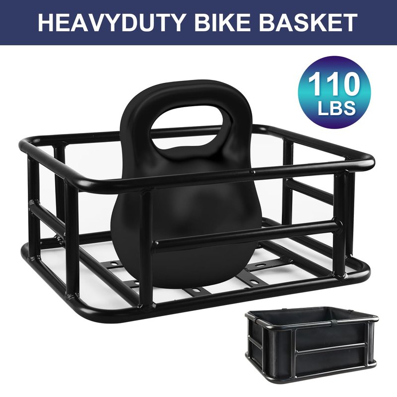 Rear Rack Bike Basket, Large Rear Bike Basket with Liners & Cargo Net & 2 Rain Covers, Heavy Duty Metal Bicycle Basket for Bicycle, Ebike, Electric Bike