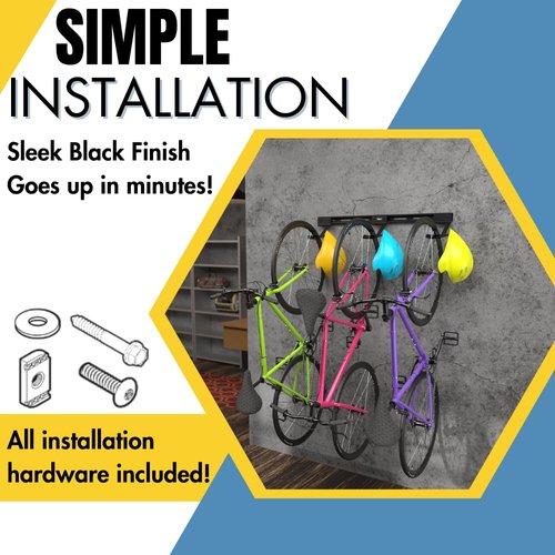 Koova USA-Made Garage Wall Mount Bike Rack for 2, 3 or 6 Bicycles | Wide Hooks Fit Regular and Fat Tire Bikes | Includes Helmet Storage | Easy to Install | Powder Coated Black Metal