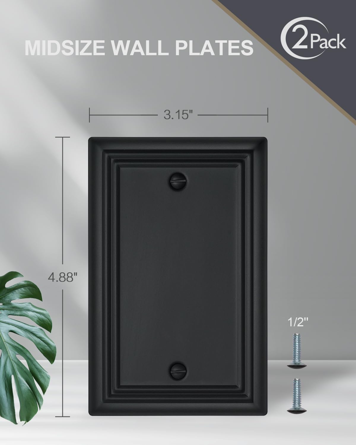 ZILLSEA 2-Pack Black Blank Wall Plates, No Device Blank Outlet Covers, Metal Electrical Covers for Unused Outlets/Switches, 3.15''*4.88'', Midsize