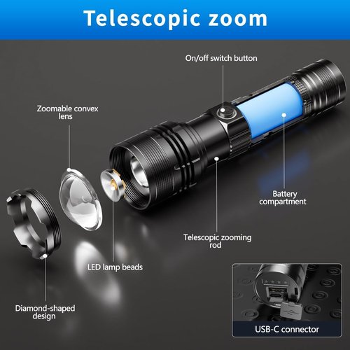 E-SHIDAI Rechargeable Flashlight, Tactical Flashlights 10000 High Lumens, USB C Bright Flashlights, Handheld LED Flashlight Rechargeable 5 Modes for Home,Camping, Police, etc