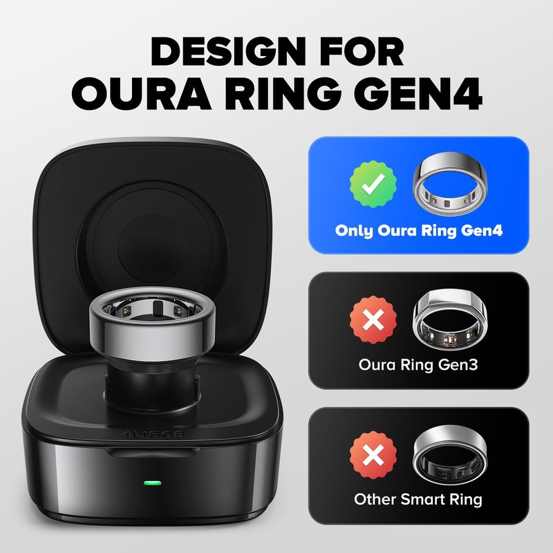 Wireless Charging Case Compatible with Ou-ra Ring Gen 4 Charger, 600mAh Portable Travel Ring Charger Fast Charging Dock with USB-C Cable (Size 8-Black)