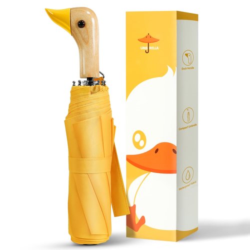 LEAGERA Compact Umbrellas for Rain&Sun, Travel Umbrella Cute Duck Head Handle Design for Girls Gifts, Steady 8 Ribs Folding Umbrella Lightweight and Small,Yellow
