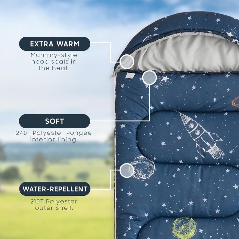 Wake In Cloud - Kids Sleeping Bag for Boys Toddlers, Camping in Warm Cold Weather, Backpacking Lightweight Compact Outdoor Liner for 3 Seasons, Space Stars Rockets Galaxy, Navy Blue