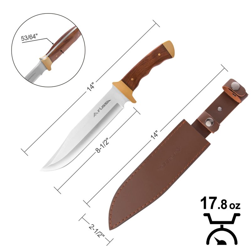 FLISSA 14-inch Bowie Full-tang Fixed Blade Knife with Wood Handle, Hunting Knife with Leather Sheath for Outdoor Survival, Camping, Hiking
