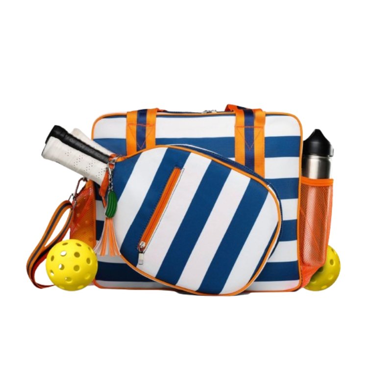 Fresh Pickle Lola Pickleball Tote Bag for Women - Designer Pickleball Bag with Paddle Storage, Zip Pockets & Shoulder Strap, Chic, Durable, Water-Resistant Pickle Ball Bags, Navy/Stripe