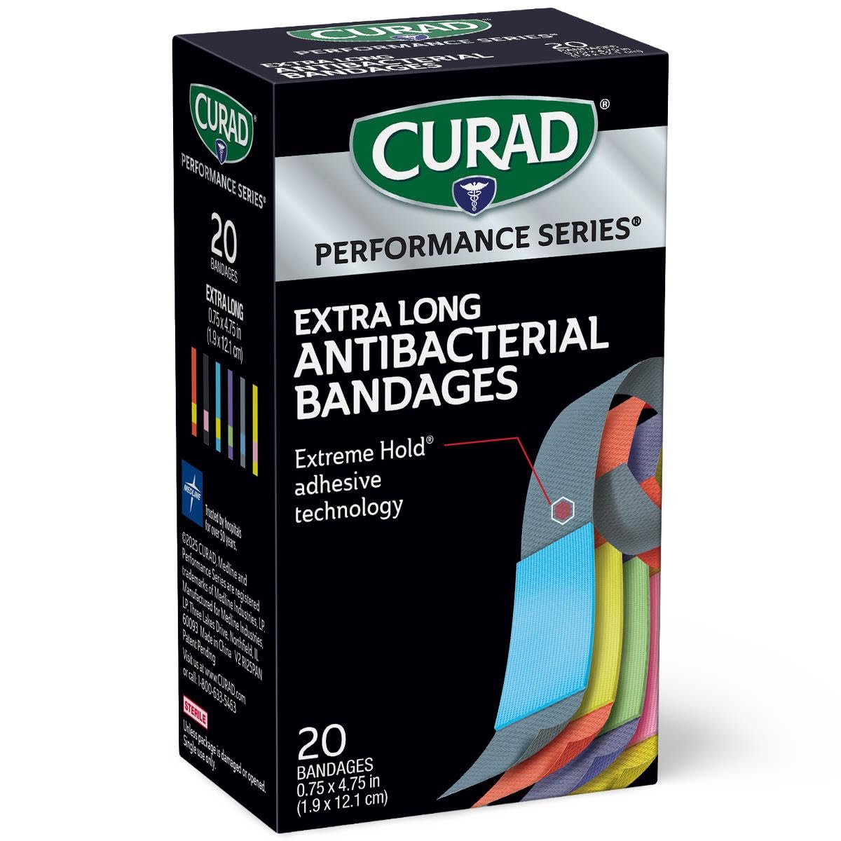 CURAD Performance Series Antibacterial Bandages, Extra Long, 0.75" x 4.75", 60 Count