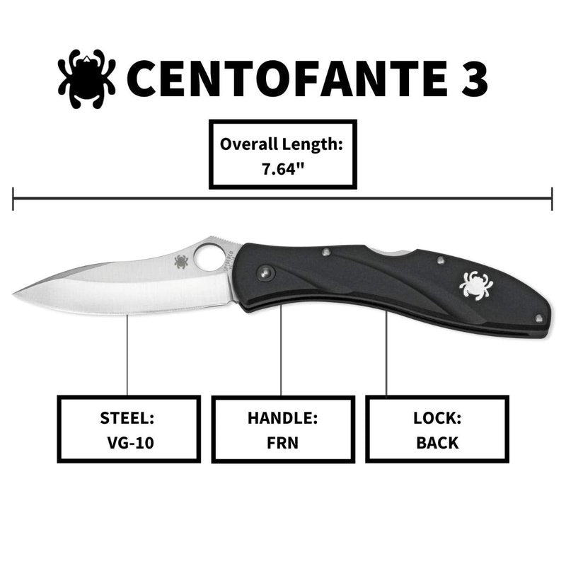 Spyderco Centofante 3 Folding Pocket Knife with 3" VG-10 Steel Blade and FRN Handle - EDC Knife for Men and Women, Perfect for Hunting, Tactical, Camping, Survival, Hiking - PlainEdge - C66PBK3