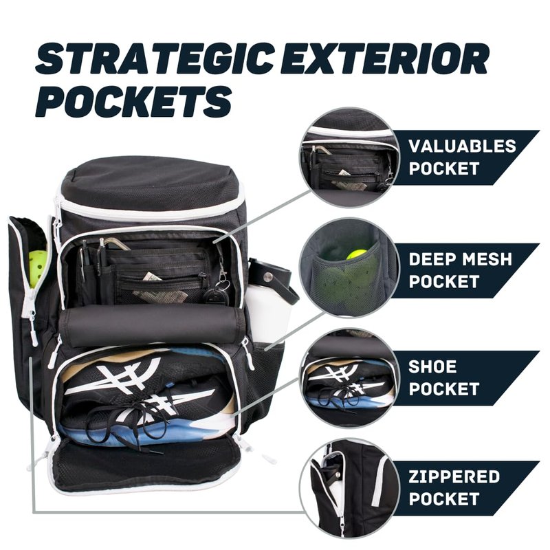 PBAW Pickleball Backpack Bag – Fits 2-4 Paddles, Vented Shoe Compartment, 14 Pockets, Fence Hook & Dual XL Bottle Holders – Lightweight Carry-On Gear Bag for Men & Women - Black/White