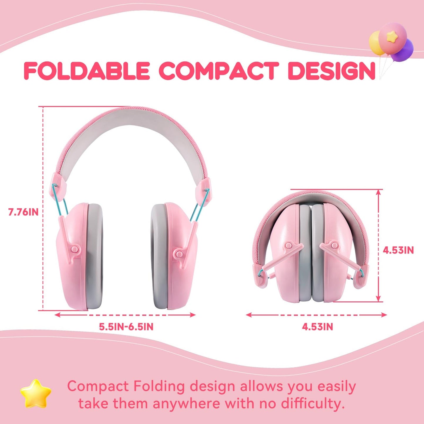 Dison Noise Cancelling Headphones for Kids, Kids Ear Protection NRR 26dB Noise Reduction Ear Muffs for Concerts, Fireworks, Shooting Pink