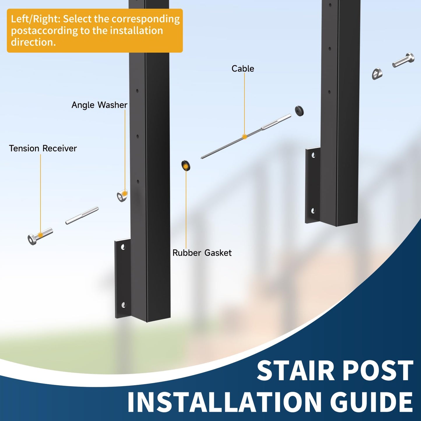 Gyykzz 42" Side Mount Stair Cable Railing Post for 36"-38" Stair Railing, Left Side Space-Saving 33° Drill Stair Handrail Deck Post for Cable Railing System Kit Indoor Outdoor Wood Concrete