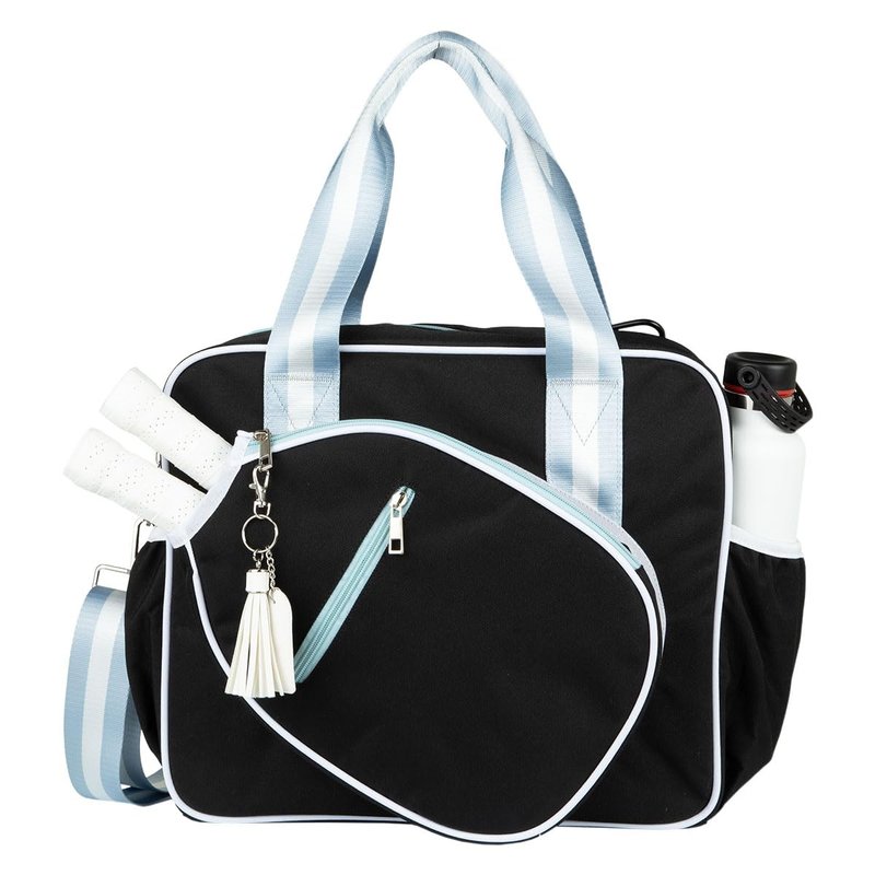 Queen of the Court Prepster Pickleball Bags for Women with Fence Hook - Cute Yet Functional Black Pickleball Tote Bag with Compartments for Water Bottle, Paddles, Balls & Accessories (Black)