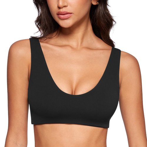 INGIA Womens U-Neck Sports Bra Padded U Back Medium Impact Fitness Yoga Bar Workout Crop Top with Built in Bra Black Medium