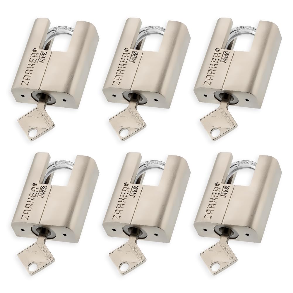 Zarker J45S keyed Alike Padlocks, Heavy Duty Stainless Steel Shackle Lock, 18 Keys, Waterproof and Rustproof Storage, Warehouses, Garage, Outdoors, 6-Pack
