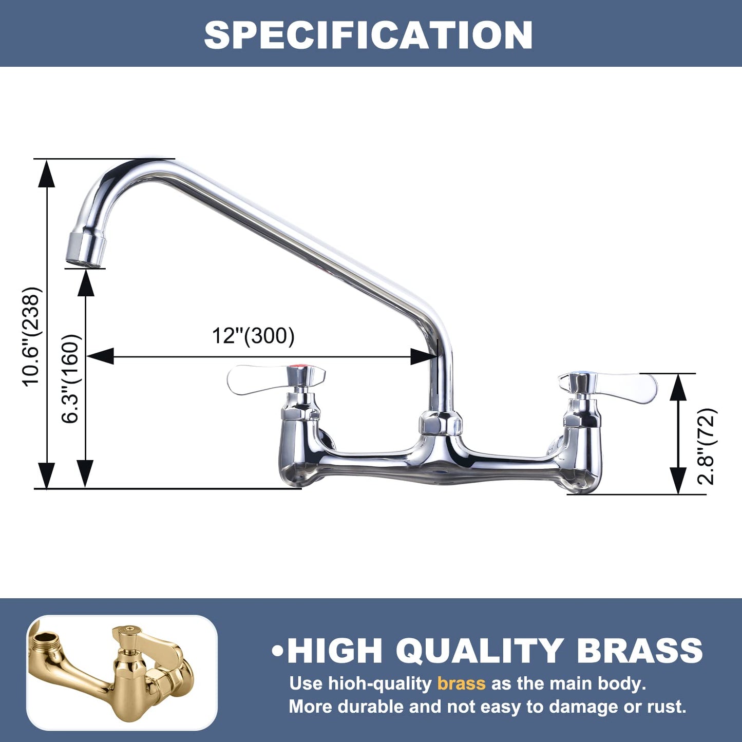 iVIGA Commercial Sink Faucet with 12” Swivel Spout, 8" Center Wall Mount Kitchen Faucet, Dual Handles Brass Utility Sink Faucet for Laundry Room Restaurant Compartment Sink, Polish Chrome