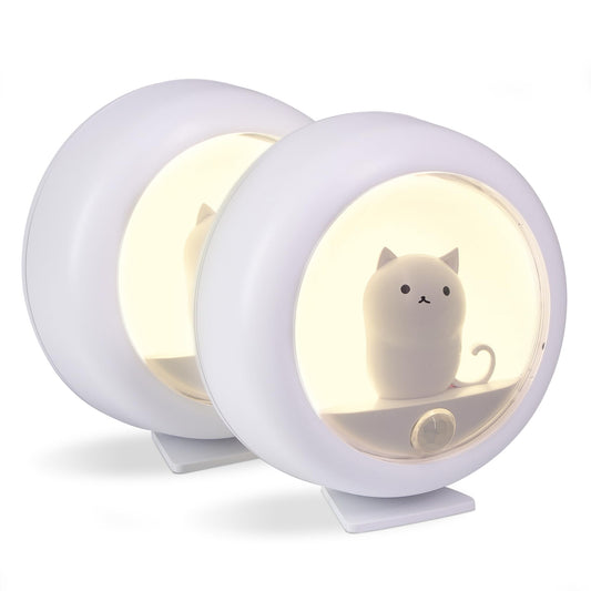 Attivolife Cat Motion Sensor Night Light, Cute Cat Magnetic LED Rechargeable Lamp with Dimmable, Portable Room Bedroom Bathroom Kitchen Wardrobe Stair Locker Wall Decor Lamp for Kid Teen(White x 2)