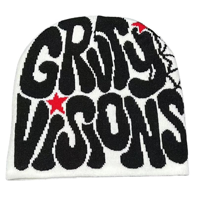 Y2K Letter Graphic Beanie - Soft Warm Knitted Winter Hat - White/Black