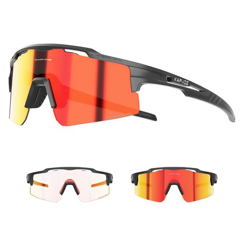 KAPVOE Photochromic Cycling Glasses UV400 Protection Mountain Bike Clear Sports Sunglasses For Men Women MTB Bicycle Riding Baseball Running Driving Fishing Golf 01 Red Black