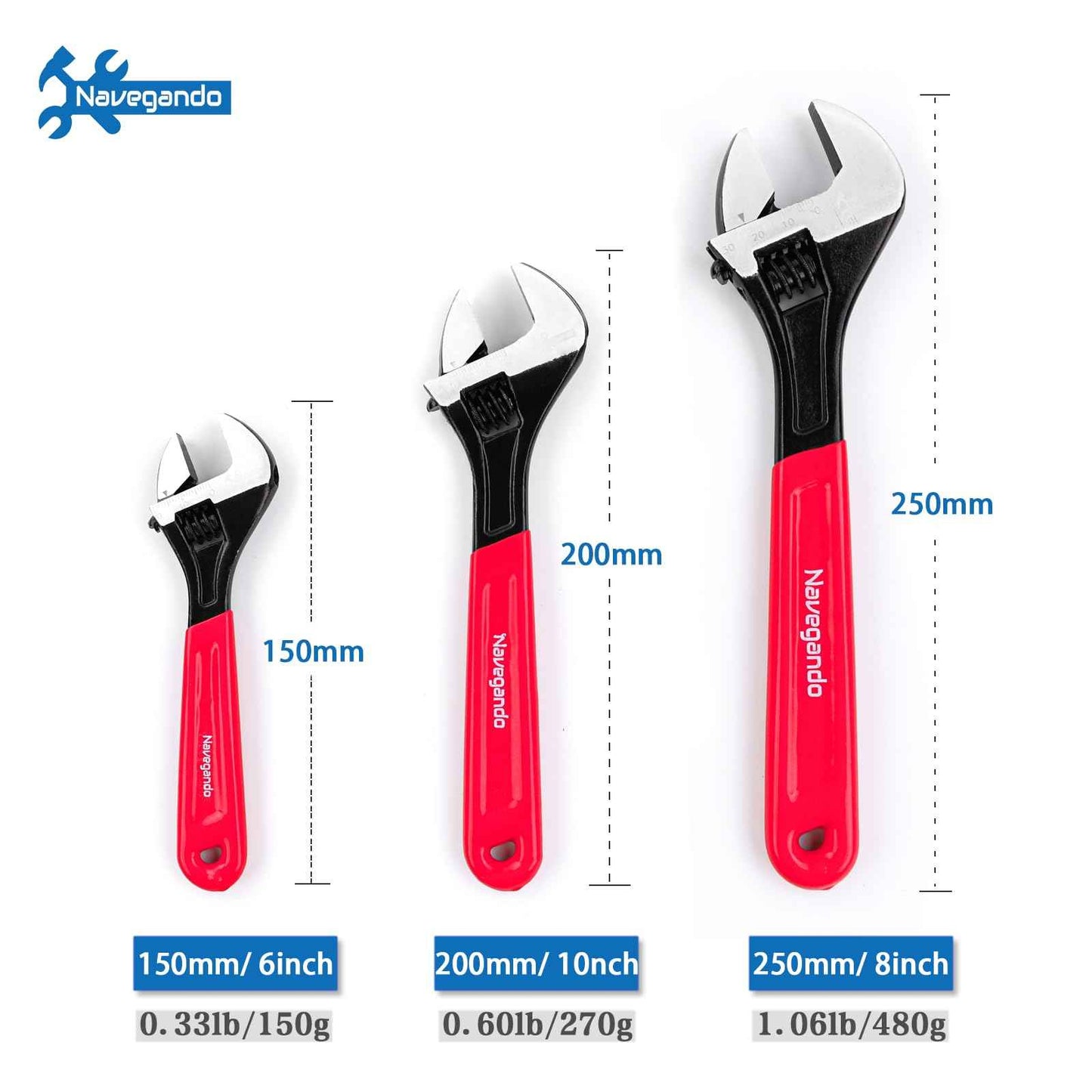 Navegando Adjustable Wrench Set, 3-Piece Adjustable Wrenches 6-inch, 8-inch, 10-inch, Extra-Wide Jaw and Soft Grip Wrench Set, for Automotive, Plumbing, Household Repairs