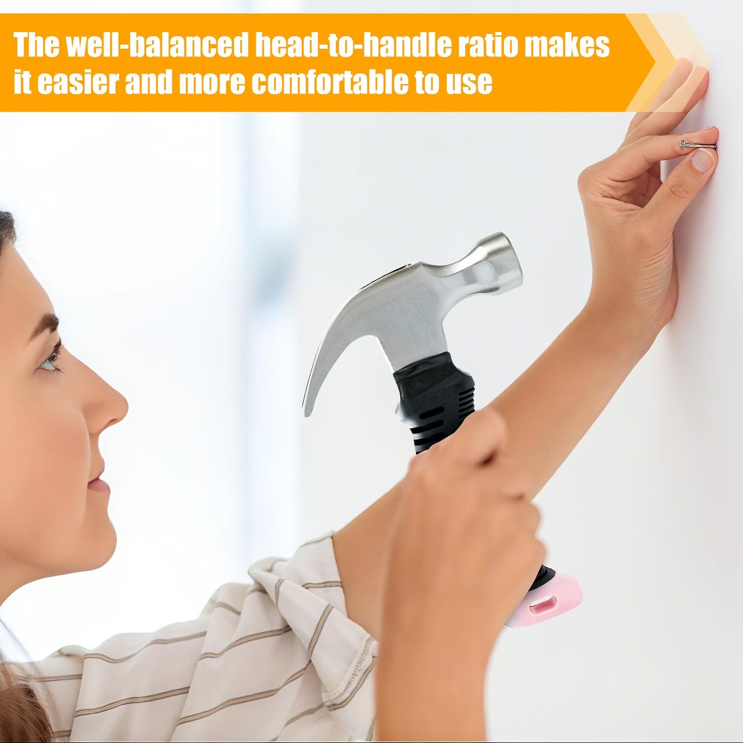 KURUI Pink Small Hammer for Picture Hanging Nails Drywall Anchors, Picture Hanging Tool, High Hardness 8oz Claw Hammer With Shock-Absorbing Non-Slip Handle for Kids and Women