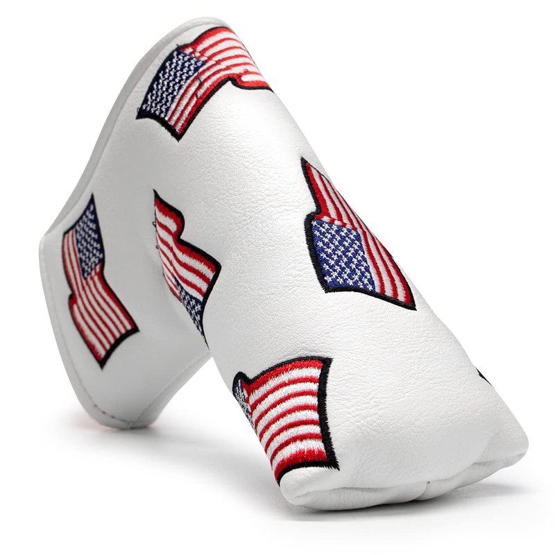 US Flag Putter Headcover - Premium Leather Magnetic Head Cover - White Golf Accessory