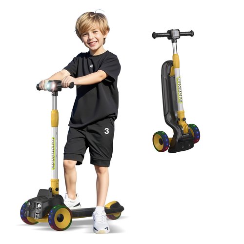 Kick Scooter for Kids, 4 Adjustable Height Foldable Toddler Scooter, Lean-to-Steer & Wide Standing Board Scooters for Outdoor Activities Children Boys & Girls Ages 2-8 (Black)
