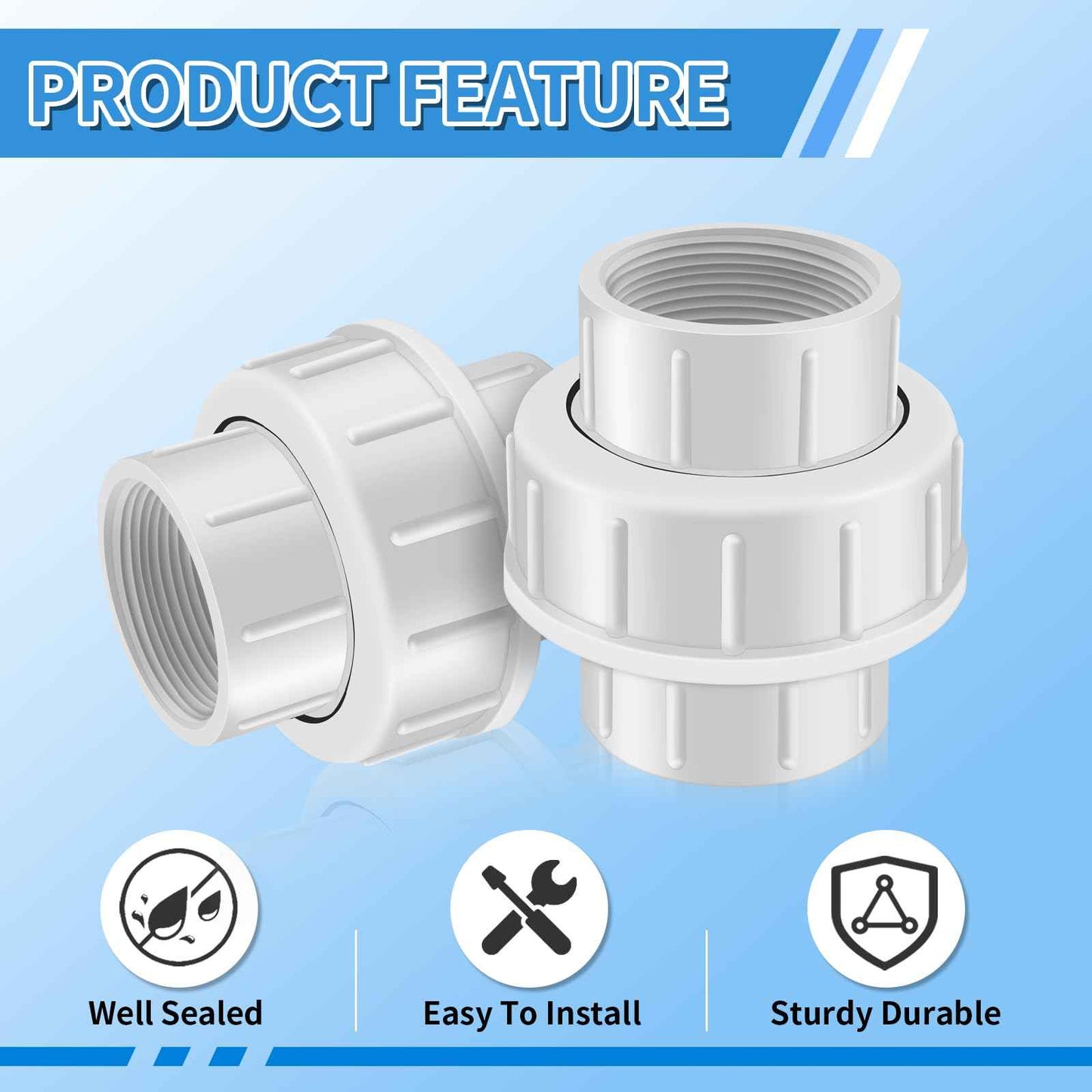 FANOVO 1-1/2 inch NPT Female PVC Pipe Union, 2pcs Schedule 40 White Plastic 1.5'' FIP to FIP Threaded Union Couplings Coupler Joint Connector Fitting, for Pool Sand Filter and Pump Applications