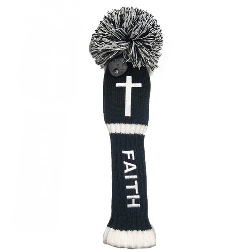 Knitted Golf Club Head Covers Driver 460cc Faith Cross Christian Embroidered Gift Wood POM POM Pull-On Closure (5 Wood)