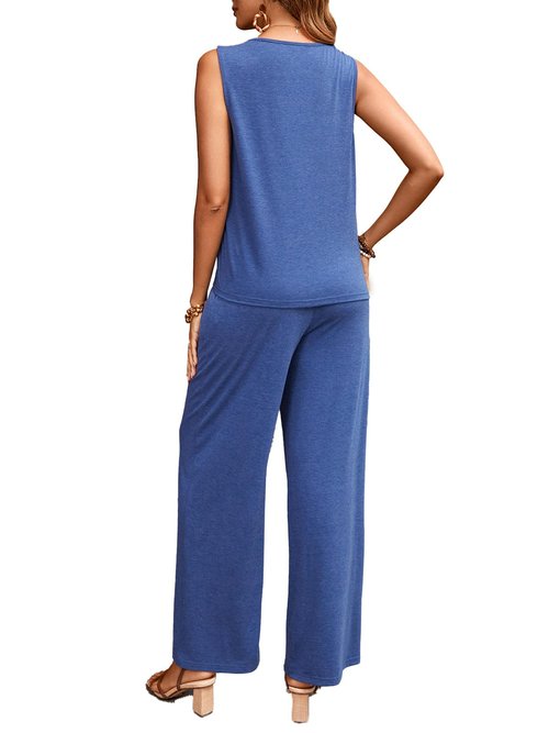 MSLG Women's Summer Two Piece Outfits Sets Casual Sleeveless Crop Top Elastic High Waist Wide Leg Pants Tracksuit Lounge Set 675 Blue L