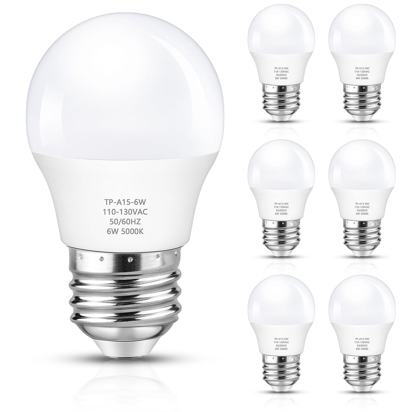 Maylaywood A15 LED Light Bulb, 60 Watt Equivalent LED Bulbs, Daylight White 5000K, 600LM, E26 Base, Non-Dimmable, 6W Bright White, 6-Pack