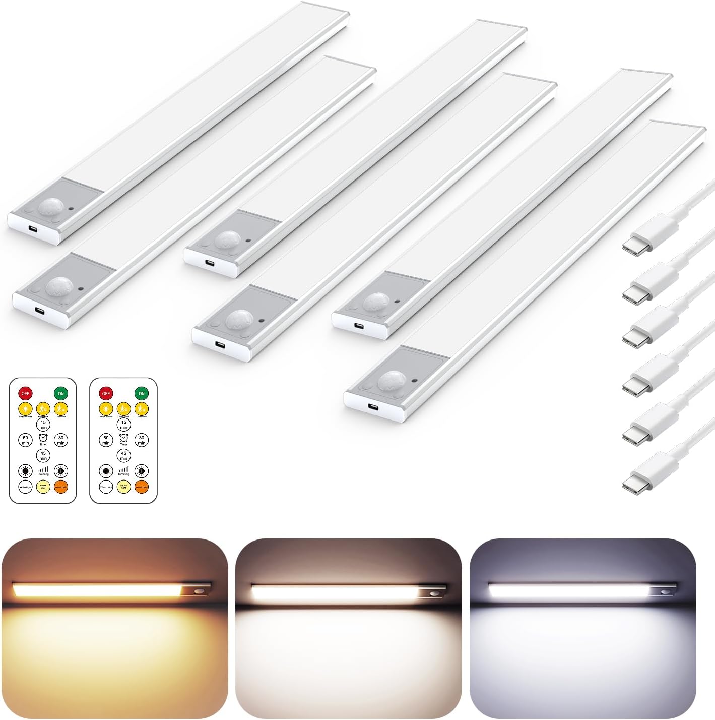 12" Wireless Ultra-Thin Under Cabinet Lighting - Rechargeable Motion Sensor Kitchen Lights, 3 Color Temps, Magnetic Aluminum Alloy (4 Pack, Silver)