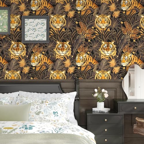 Black and Gold Tiger Wallpaper Peel and Stick Leaf Wall Paper Jungle Tropical Contact Paper for Bedroom Living Room Bathroom Renter Friendly Removable 17.5 x 118In