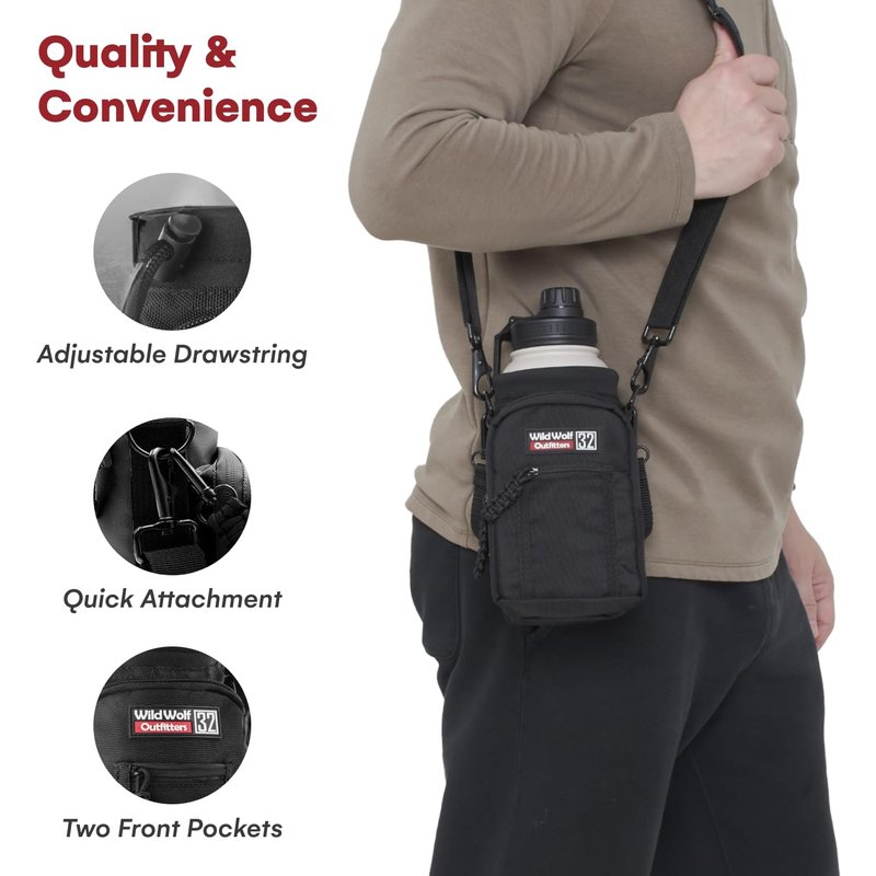 Wild Wolf Outfitters Water Bottle Holder for 32 ounce Bottles Black - Carry, Protect and Insulate Your Best Flask with This Carrier w/ 2 Pockets & an Adjustable Padded Shoulder Strap