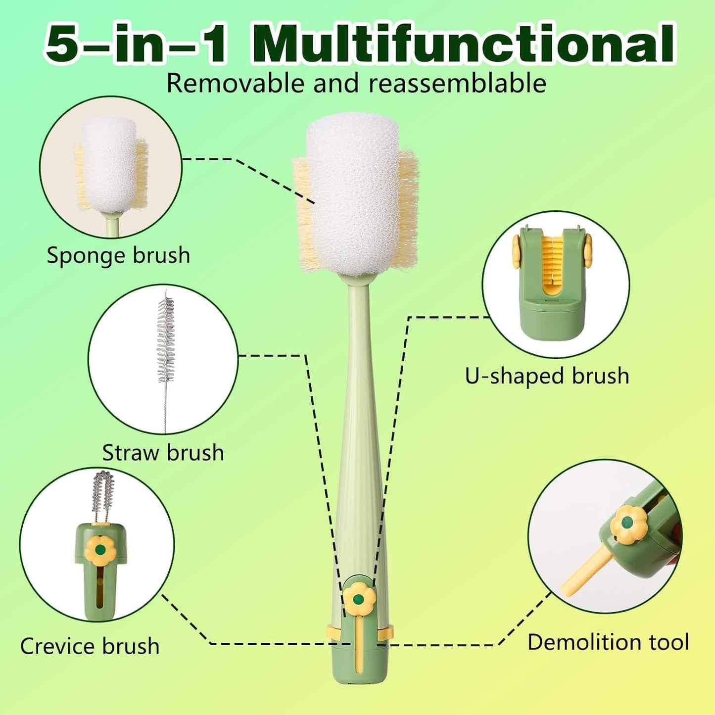 Skiennix 5-in-1 Bottle Cleaning Brush Set - Multifunctional Kitchen Scrubber with Long Handle | 2 Pack