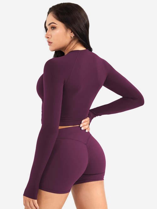 YEOREO Women Workout Gym Tops Basic Long Sleeve Shirt Slim Fitted Casual Stretchy Thin Active Running Yoga Crop Top Black Cherry S