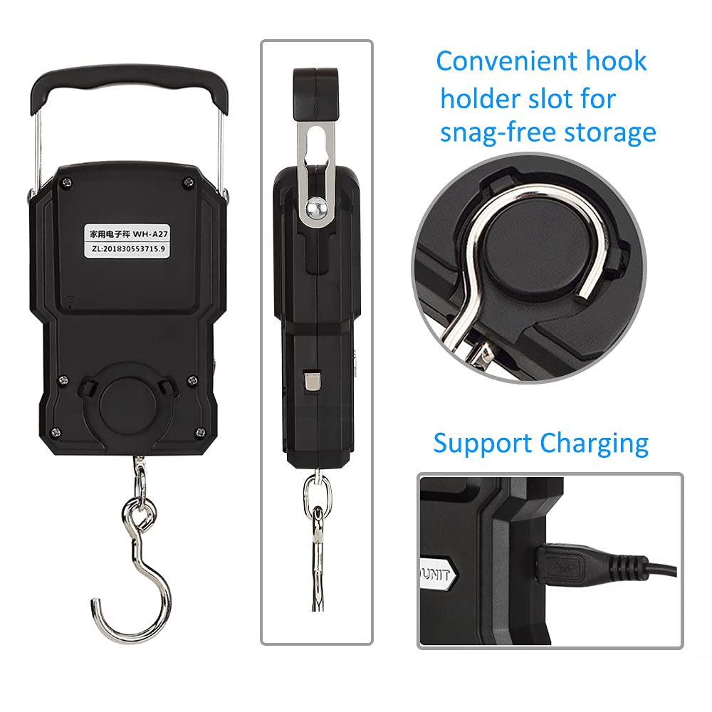 Skiennix Rechargeable Luggage Scale - Portable Digital Hook Scale with Measuring Tape, 165Lb, Black