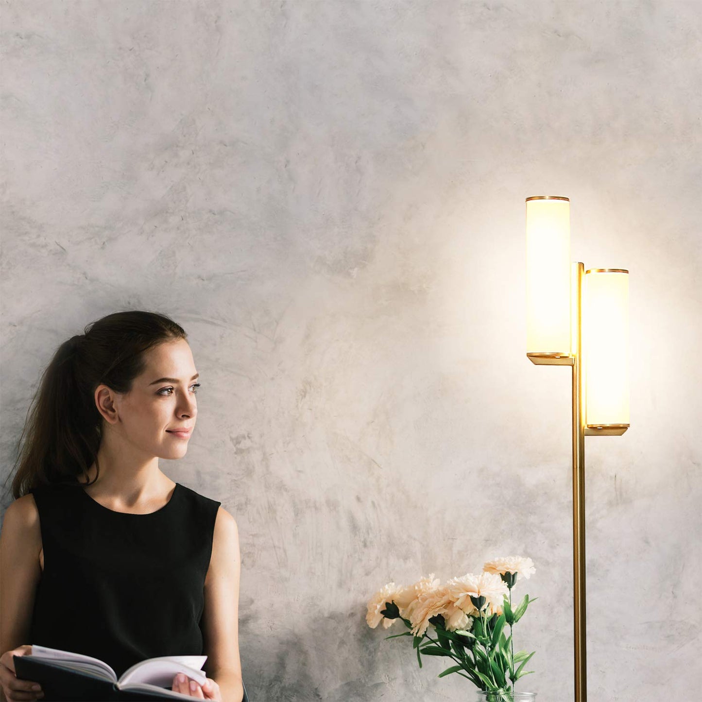 Brightech Gemini Dimmable Floor Lamp with Two Lights - Modern Tall Tree Lamp for Bedroom, Office, Living Room - Gold/Brass