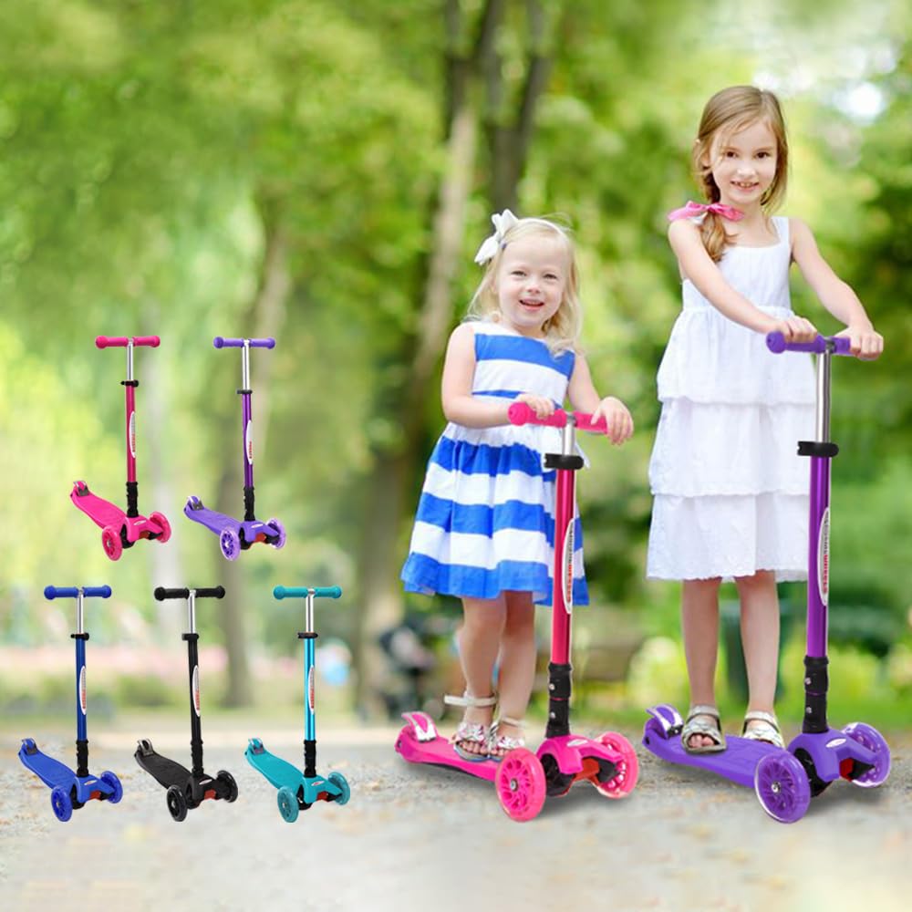ChromeWheels Foldable Scooters for Kids, Deluxe Kick Scooter 4 Adjustable Height 132lbs Weight Limit 3 Wheel, Lean to Steer LED Light Up Wheels, Best Gifts for Girls Boys Age 3-12 Year Old, Pink