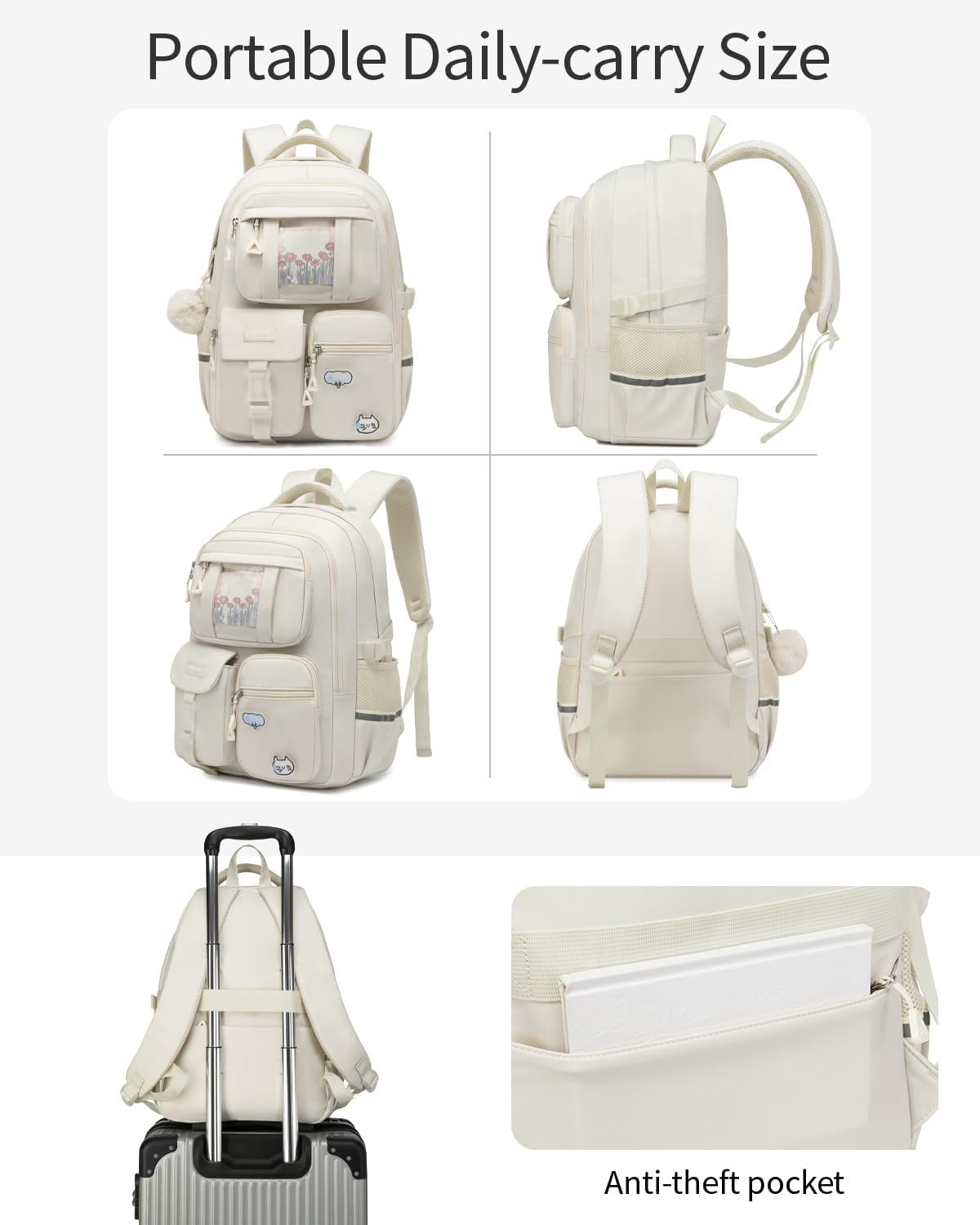 Skiennix School Backpack - Cute 15.6in Laptop Bag for Teen Girls & College Students | Beige