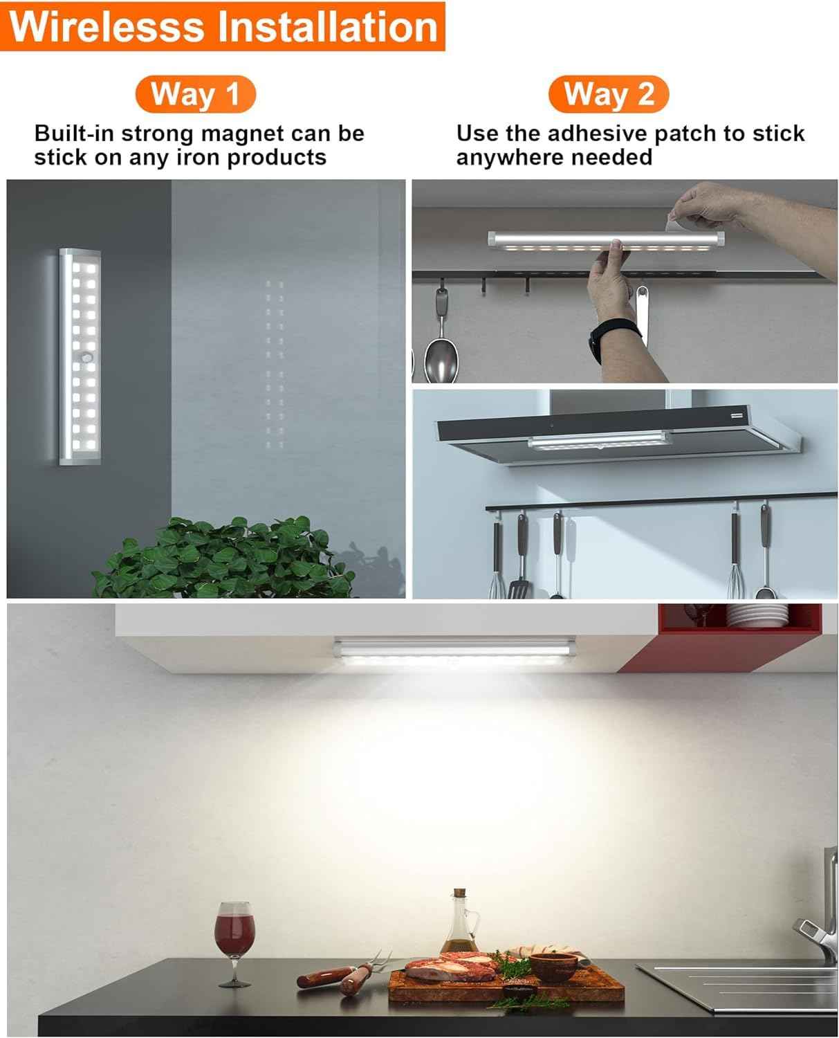 Haigvel Under Cabinet Lights Wireless, 58-LED Rechargeable Motion Sensor Closet Lights with Remote Control, RGB Color Changing Under Counter Lights for Kitchen, Pantry, Bedroom, Stairs, 2 Pack