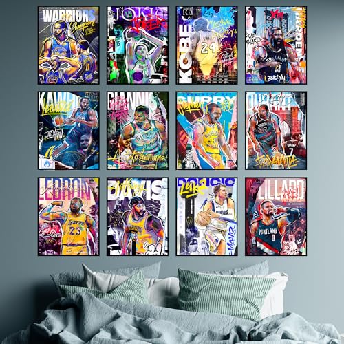 Basketball Posters Set of 12 for Boys Bedroom - Unframed, 8x10 in, Includes Curry, Kobe, LeBron & Warriors - Basketball 2