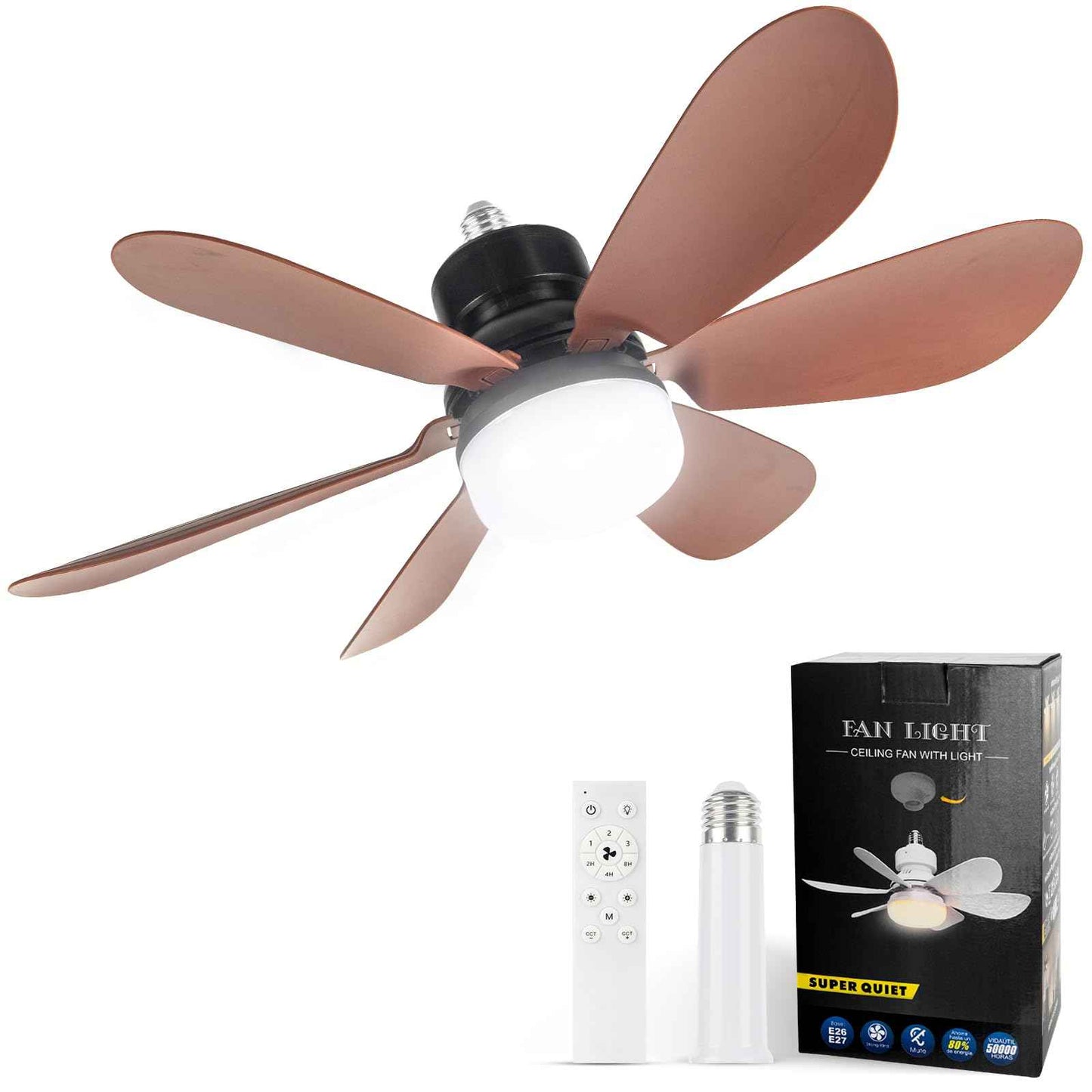 Socket Fan Light, Light Bulb Fan 20.5IN Dimmable, Screw in Socket Fan Ceiling Fan with Light for Garage, Kitchen, Basement (Wood Grain)