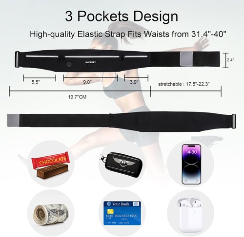 GUZACK Slim Running Belt - Ultra-Light Waterproof Waist Pack for Phones Up to 6.8'' | Reflective Design, 3 Pouches