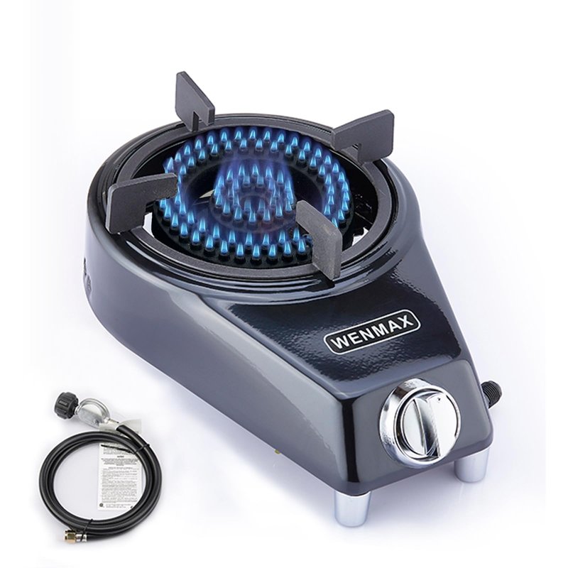 WENMAX Single Burner Propane Stove, Portable Gas Stove with Propane Adapter Hose, High Heat Value 15000 BTU, Smart Valve Protection for Children, Portable Size for Outdoor Use