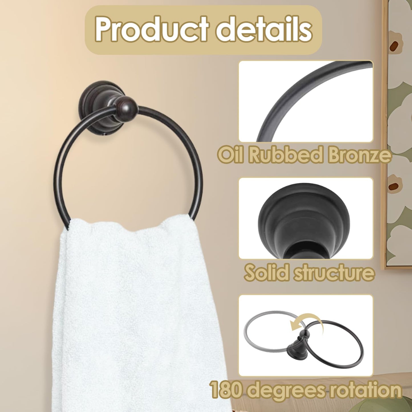 Towel Ring Oil Rubbed Bronze, 6.3-inch Diameter, Durable Stainless Steel Hand Towel Holder for Bathroom and Kitchen, Wall-Mounted Towel Rack, Elegant and Functional Design