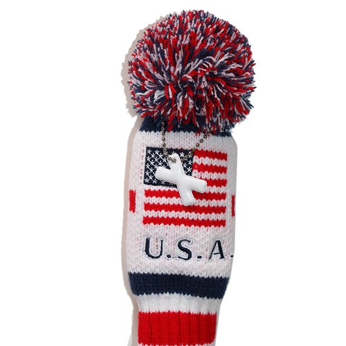 Craftsman Golf US Flag Knit Pom Pom White Blue Red Hybrid Rescue Utility Head Cover Headcover for Callaway Mizuno Cobra Taylormade (Hybrid X Cover)